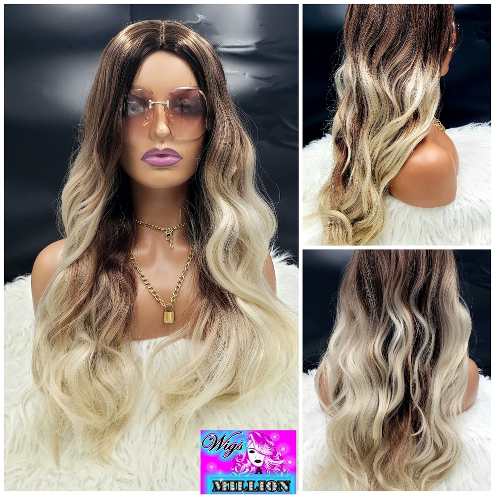 Stacy" Ombre Ash blonde mix Wavy Wig, Heat Resistant Wig,